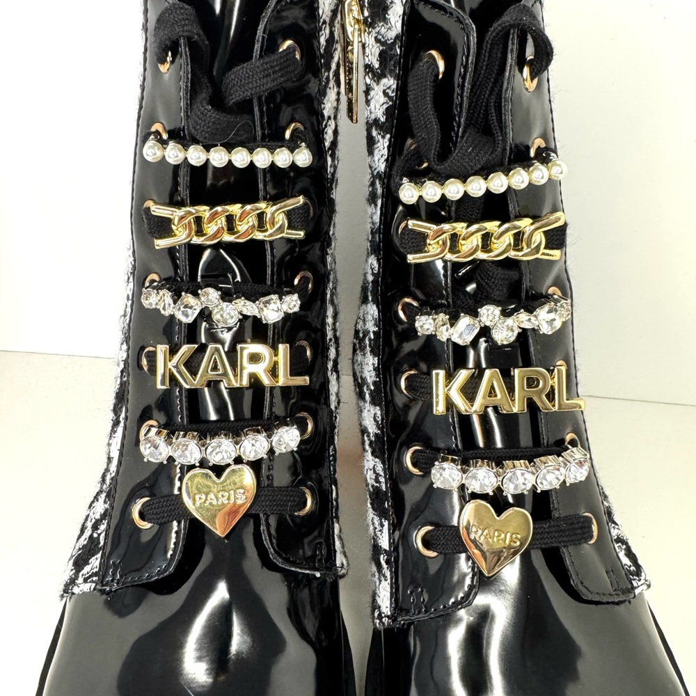 New Karl Lagerfeld Mela Tweed Black/White Combat Boots - Picture 2 of 12